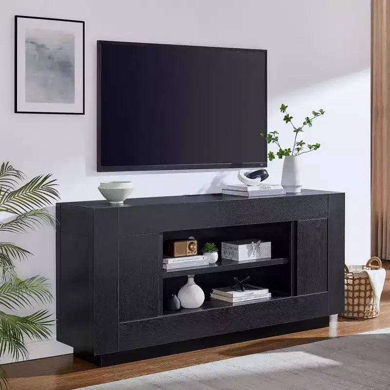 Meuble de divertissement de 70 pour téléviseurs jusqu’à 80, meuble TV moderne avec rangements ouverts et placards, console multimédia en bois épais pour le salon