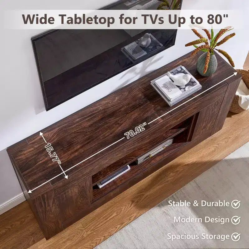 Meuble de divertissement de 70 pour téléviseurs jusqu’à 80, meuble TV moderne avec rangements ouverts et placards, console multimédia en bois épais pour le salon