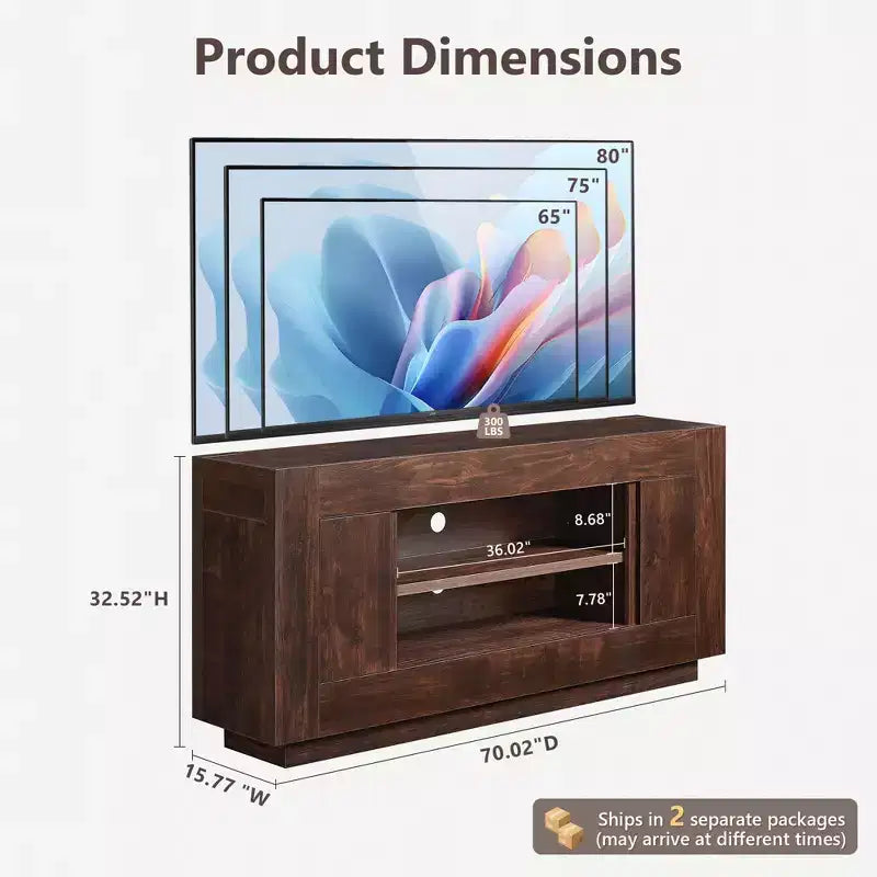 Meuble de divertissement de 70 pour téléviseurs jusqu’à 80, meuble TV moderne avec rangements ouverts et placards, console multimédia en bois épais pour le salon