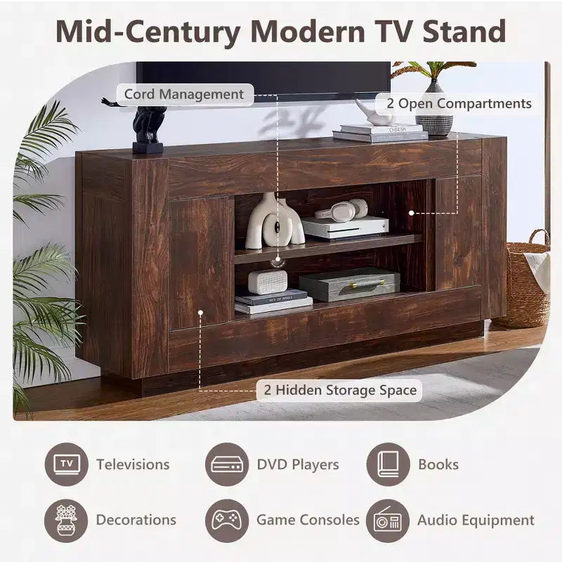 Meuble de divertissement de 70 pour téléviseurs jusqu’à 80, meuble TV moderne avec rangements ouverts et placards, console multimédia en bois épais pour le salon