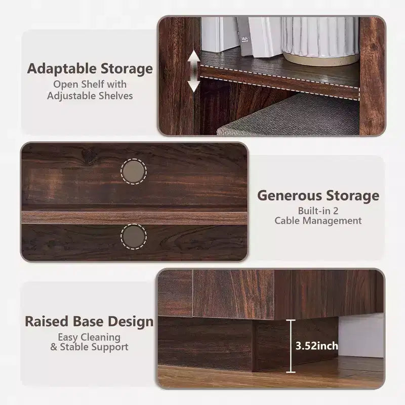 Meuble de divertissement de 70 pour téléviseurs jusqu’à 80, meuble TV moderne avec rangements ouverts et placards, console multimédia en bois épais pour le salon