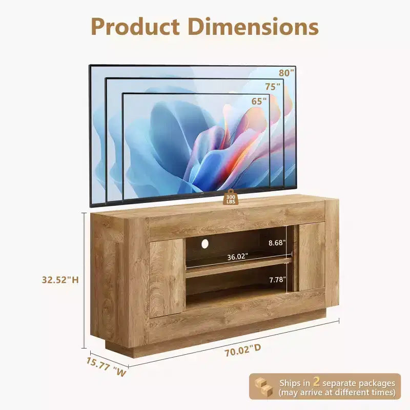 70 Entertainment-Center für Fernseher bis zu 80 Zoll, moderner TV-Ständer mit offenem Stauraum und Schränken, robuste Medienkonsole aus Holz fürs Wohnzimmer
