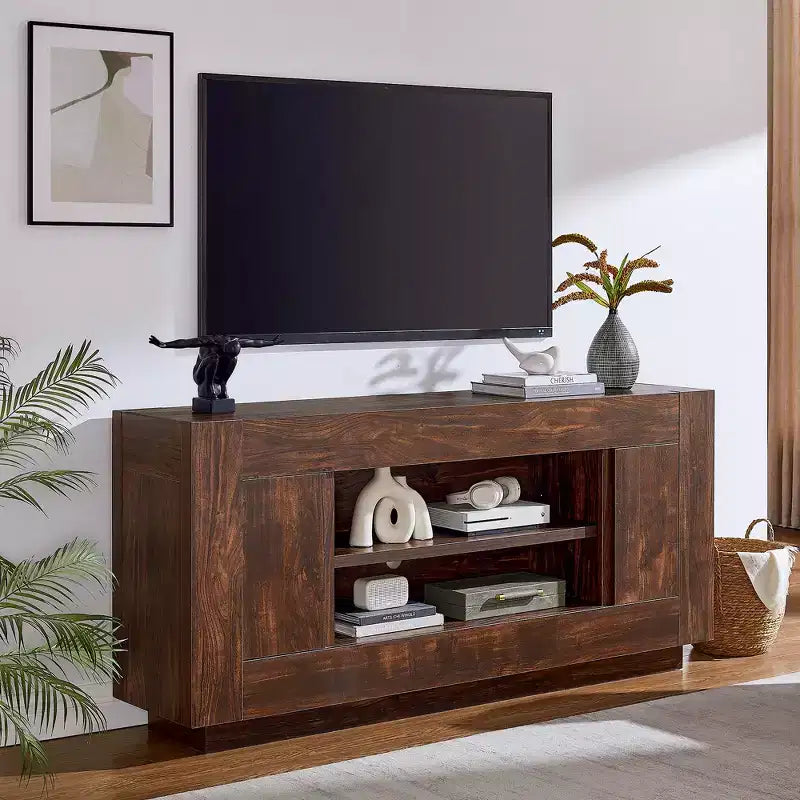 Meuble de divertissement de 70 pour téléviseurs jusqu’à 80, meuble TV moderne avec rangements ouverts et placards, console multimédia en bois épais pour le salon