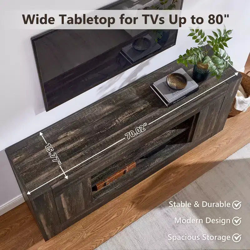 Meuble de divertissement de 70 pour téléviseurs jusqu’à 80, meuble TV moderne avec rangements ouverts et placards, console multimédia en bois épais pour le salon