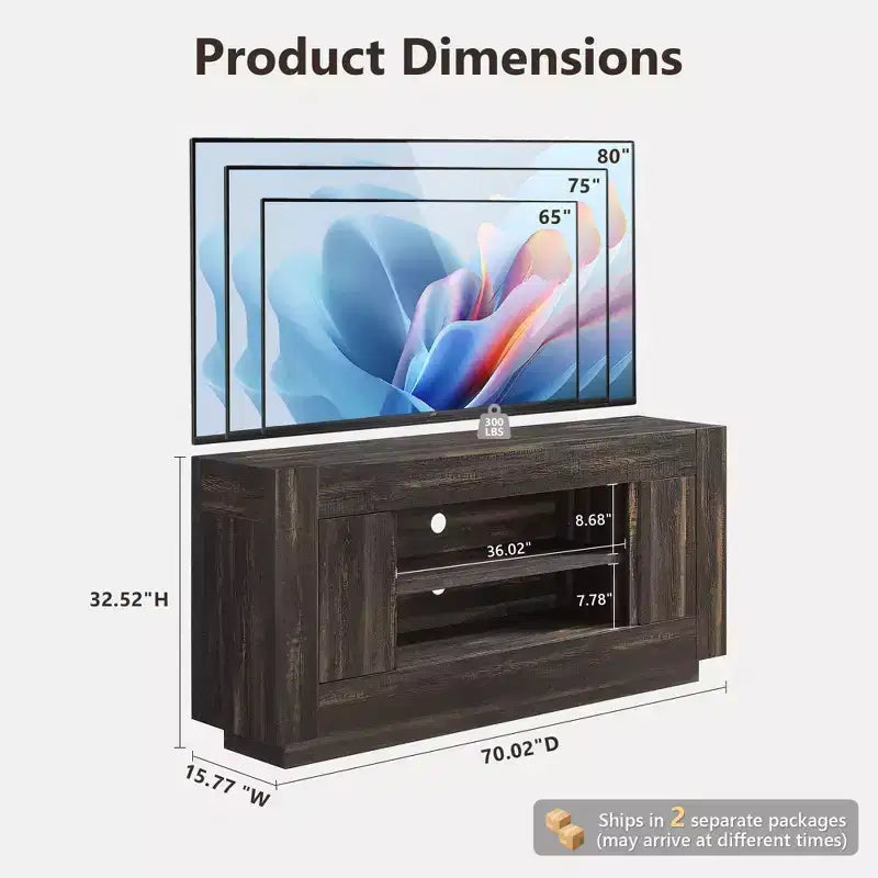 Meuble de divertissement de 70 pour téléviseurs jusqu’à 80, meuble TV moderne avec rangements ouverts et placards, console multimédia en bois épais pour le salon