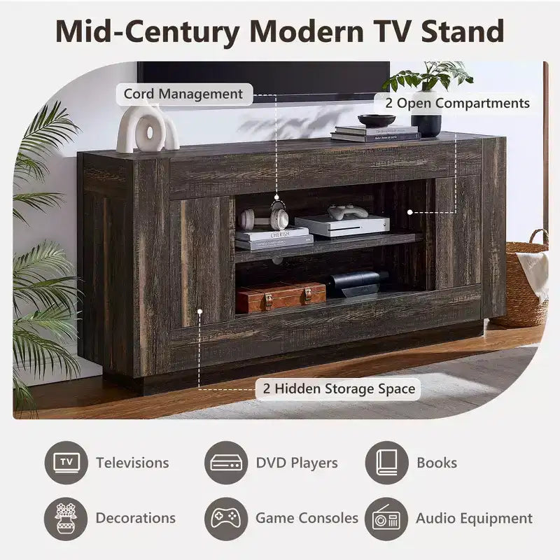 Meuble de divertissement de 70 pour téléviseurs jusqu’à 80, meuble TV moderne avec rangements ouverts et placards, console multimédia en bois épais pour le salon