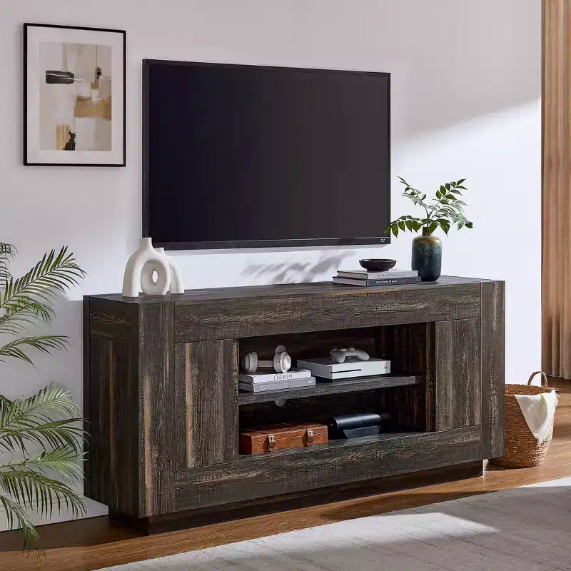 Meuble de divertissement de 70 pour téléviseurs jusqu’à 80, meuble TV moderne avec rangements ouverts et placards, console multimédia en bois épais pour le salon