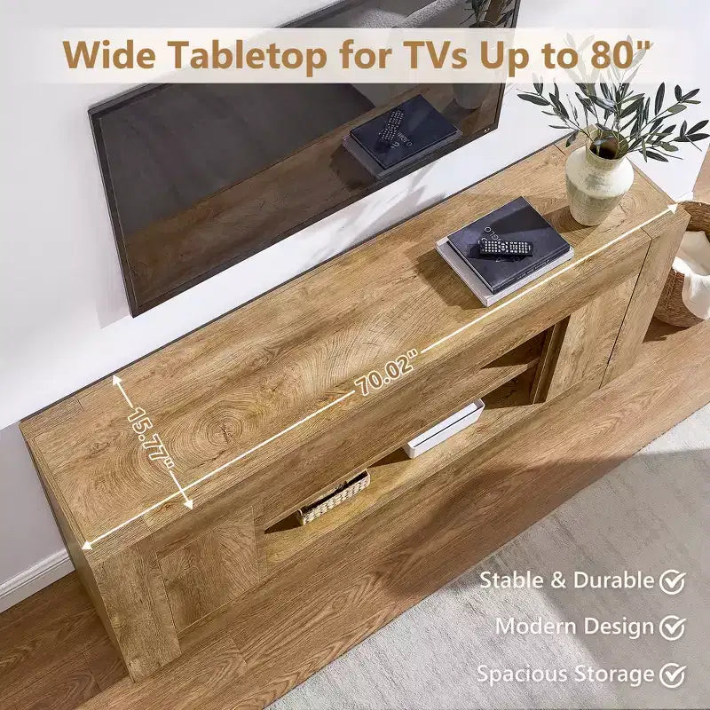 Meuble de divertissement de 70 pour téléviseurs jusqu’à 80, meuble TV moderne avec rangements ouverts et placards, console multimédia en bois épais pour le salon
