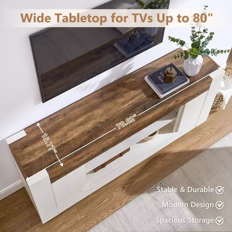Meuble de divertissement de 70 pour téléviseurs jusqu’à 80, meuble TV moderne avec rangements ouverts et placards, console multimédia en bois épais pour le salon