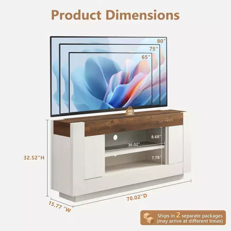 Meuble de divertissement de 70 pour téléviseurs jusqu’à 80, meuble TV moderne avec rangements ouverts et placards, console multimédia en bois épais pour le salon