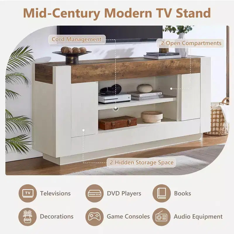 Meuble de divertissement de 70 pour téléviseurs jusqu’à 80, meuble TV moderne avec rangements ouverts et placards, console multimédia en bois épais pour le salon