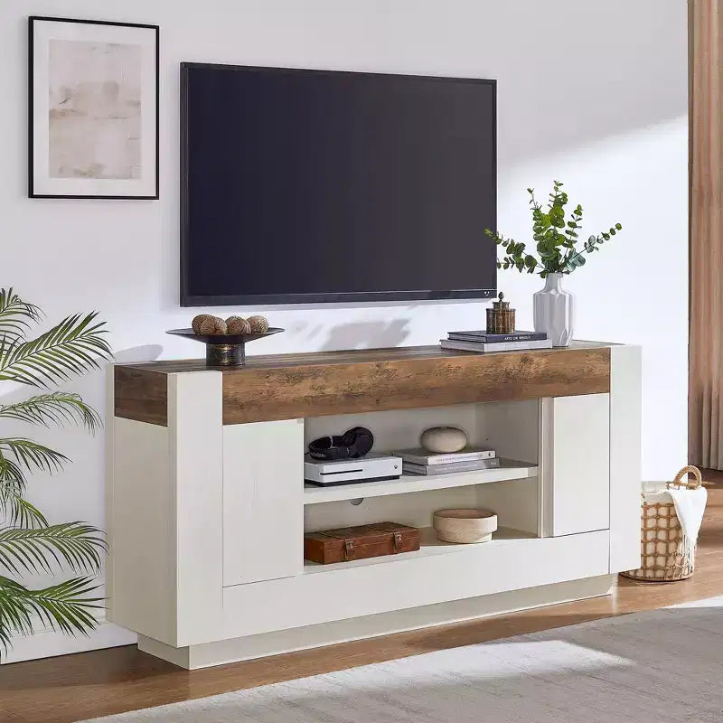 Meuble de divertissement de 70 pour téléviseurs jusqu’à 80, meuble TV moderne avec rangements ouverts et placards, console multimédia en bois épais pour le salon