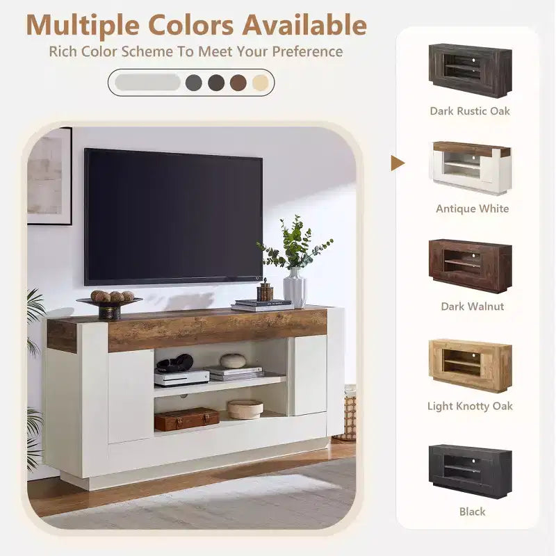 Meuble de divertissement de 70 pour téléviseurs jusqu’à 80, meuble TV moderne avec rangements ouverts et placards, console multimédia en bois épais pour le salon