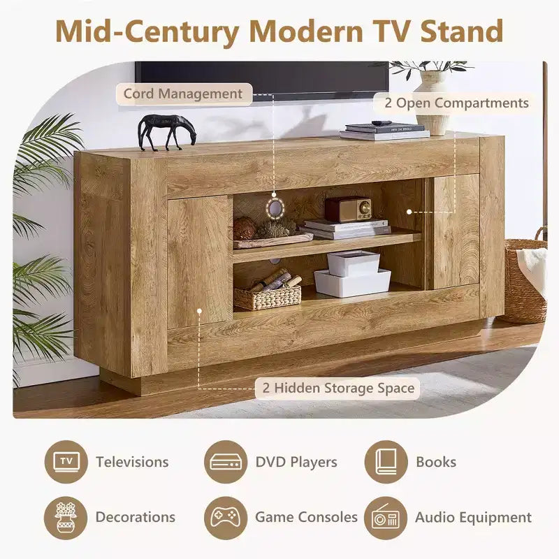 Meuble de divertissement de 70 pour téléviseurs jusqu’à 80, meuble TV moderne avec rangements ouverts et placards, console multimédia en bois épais pour le salon