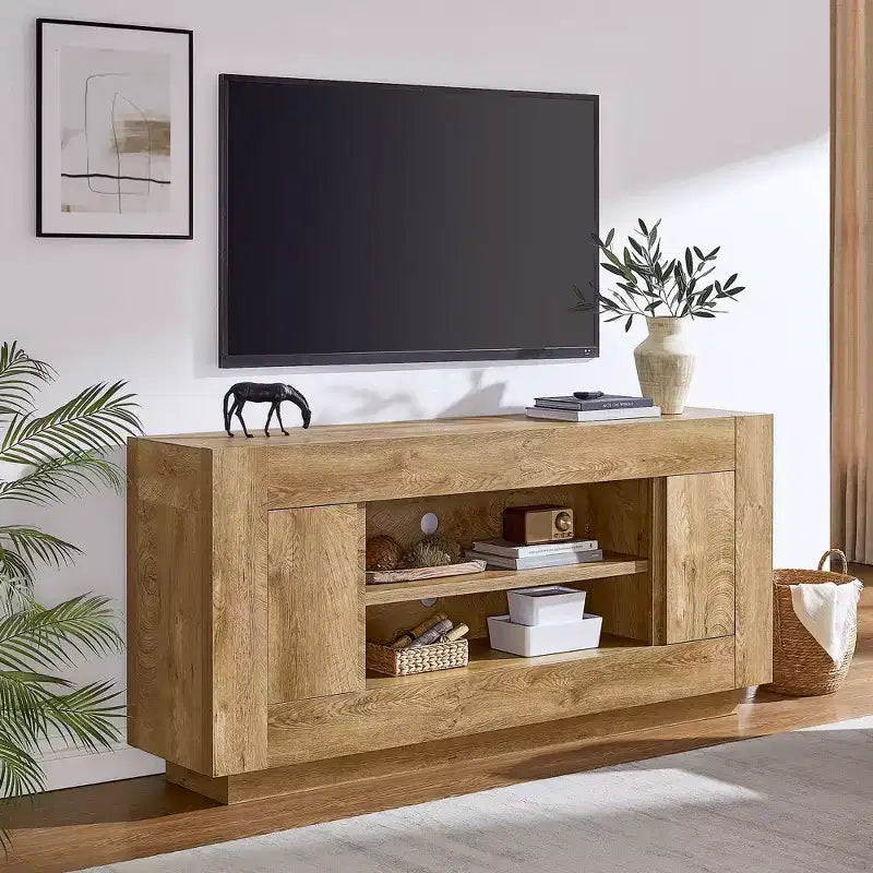 Meuble de divertissement de 70 pour téléviseurs jusqu’à 80, meuble TV moderne avec rangements ouverts et placards, console multimédia en bois épais pour le salon