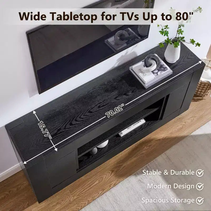 Meuble de divertissement de 70 pour téléviseurs jusqu’à 80, meuble TV moderne avec rangements ouverts et placards, console multimédia en bois épais pour le salon