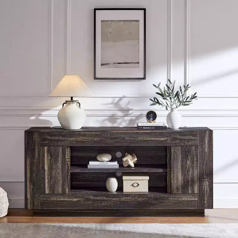 Meuble de divertissement de 70 pour téléviseurs jusqu’à 80, meuble TV moderne avec rangements ouverts et placards, console multimédia en bois épais pour le salon