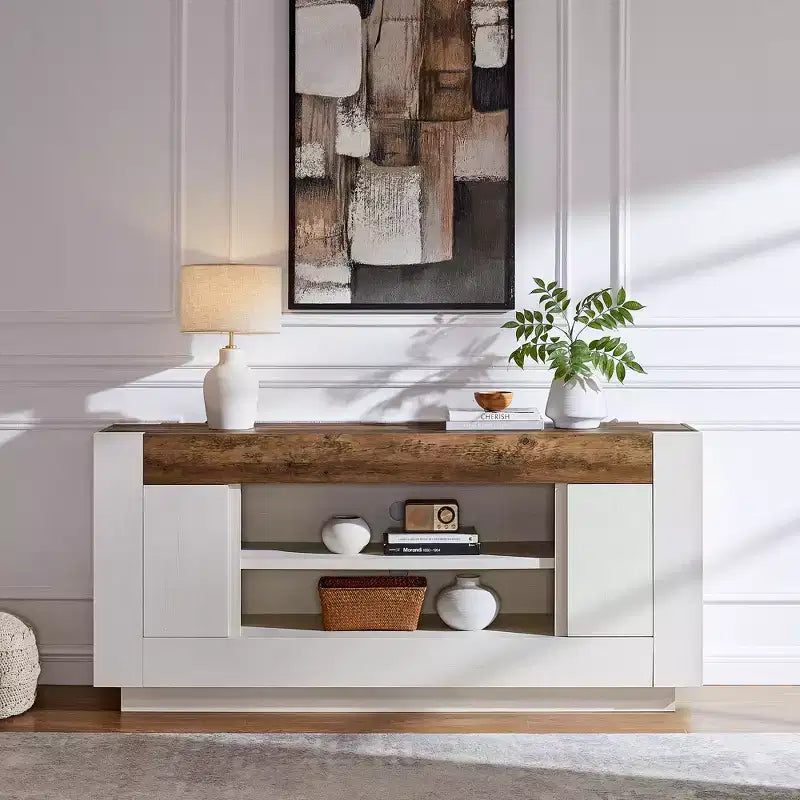 Meuble de divertissement de 70 pour téléviseurs jusqu’à 80, meuble TV moderne avec rangements ouverts et placards, console multimédia en bois épais pour le salon