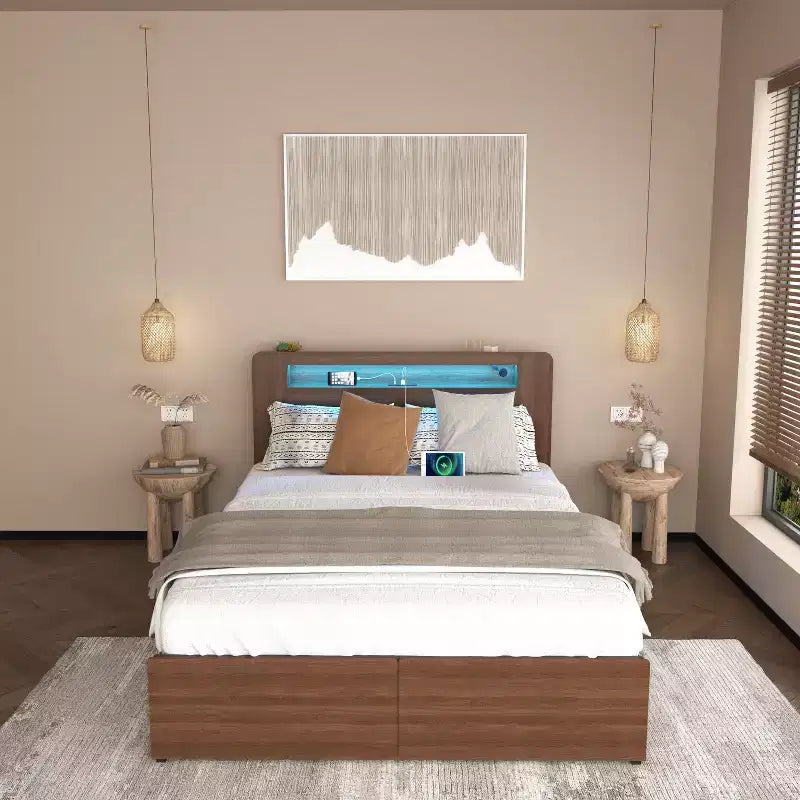 Cadre de lit plateforme en bois de style champêtre avec 2 tiroirs et tête de lit avec éclairage LED