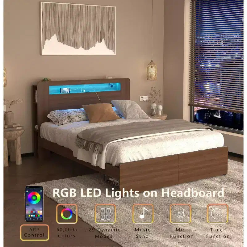 Cadre de lit plateforme en bois de style champêtre avec 2 tiroirs et tête de lit avec éclairage LED