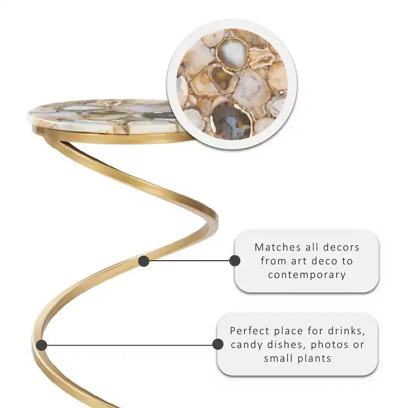Grendon DContemporary Beistelltisch mit Achatplatte, handgefertigter goldener spiralförmiger Beistelltisch mit Metallfuß, glamouröser Akzenttisch neben dem Sessel zur Wohnraumdekorationrink Table - Powell Company