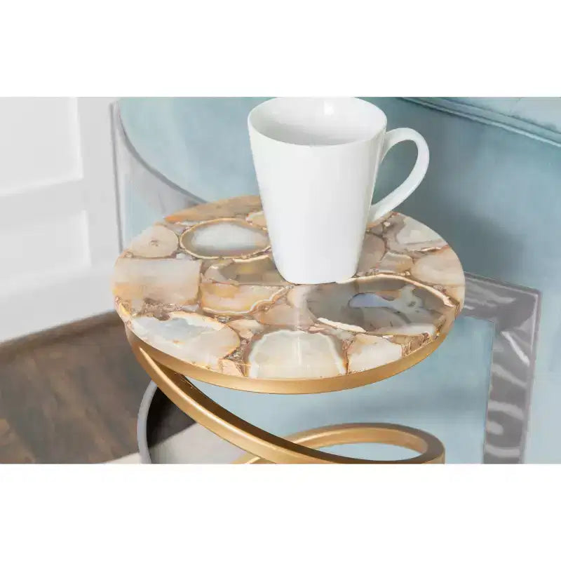 Grendon DContemporary Beistelltisch mit Achatplatte, handgefertigter goldener spiralförmiger Beistelltisch mit Metallfuß, glamouröser Akzenttisch neben dem Sessel zur Wohnraumdekorationrink Table - Powell Company