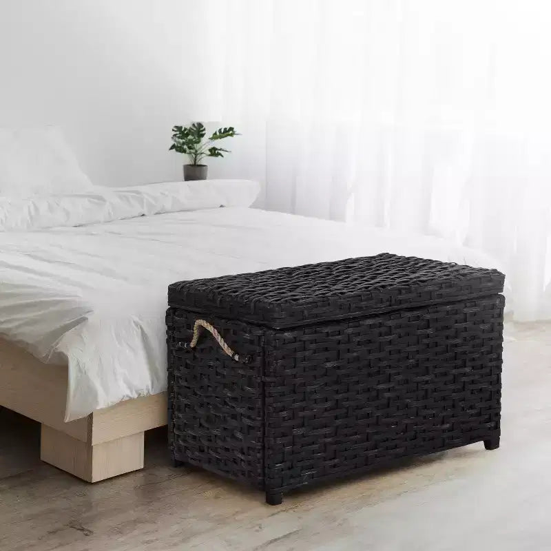 Caja de almacenamiento de mimbre tejida a mano con tapa, baúl de ratán, cesta organizadora decorativa para el hogar