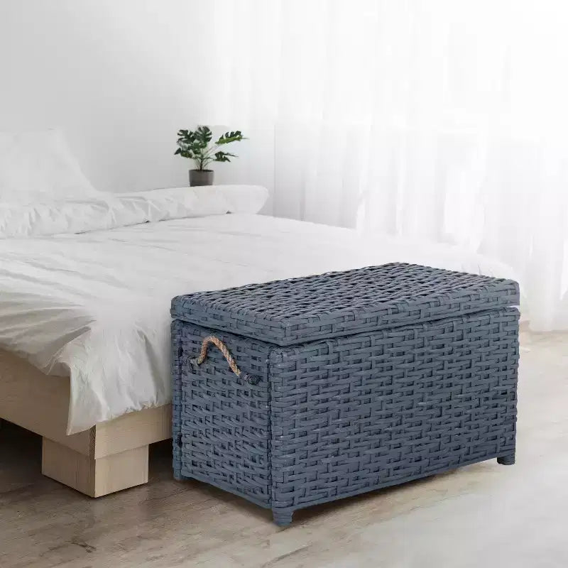 Caja de almacenamiento de mimbre tejida a mano con tapa, baúl de ratán, cesta organizadora decorativa para el hogar