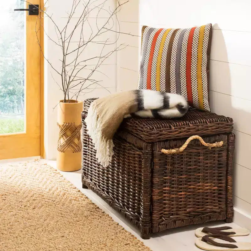 Caja de almacenamiento de mimbre tejida a mano con tapa, baúl de ratán, cesta organizadora decorativa para el hogar