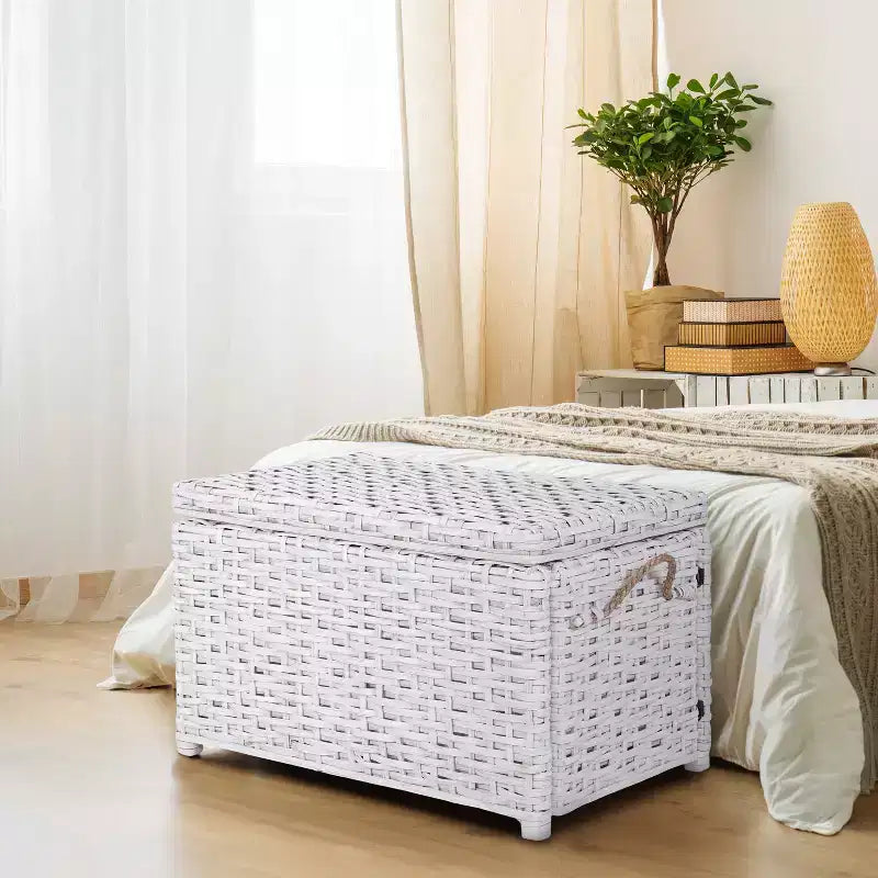 Caja de almacenamiento de mimbre tejida a mano con tapa, baúl de ratán, cesta organizadora decorativa para el hogar