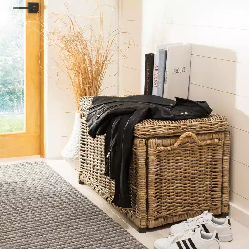 Caja de almacenamiento de mimbre tejida a mano con tapa, baúl de ratán, cesta organizadora decorativa para el hogar