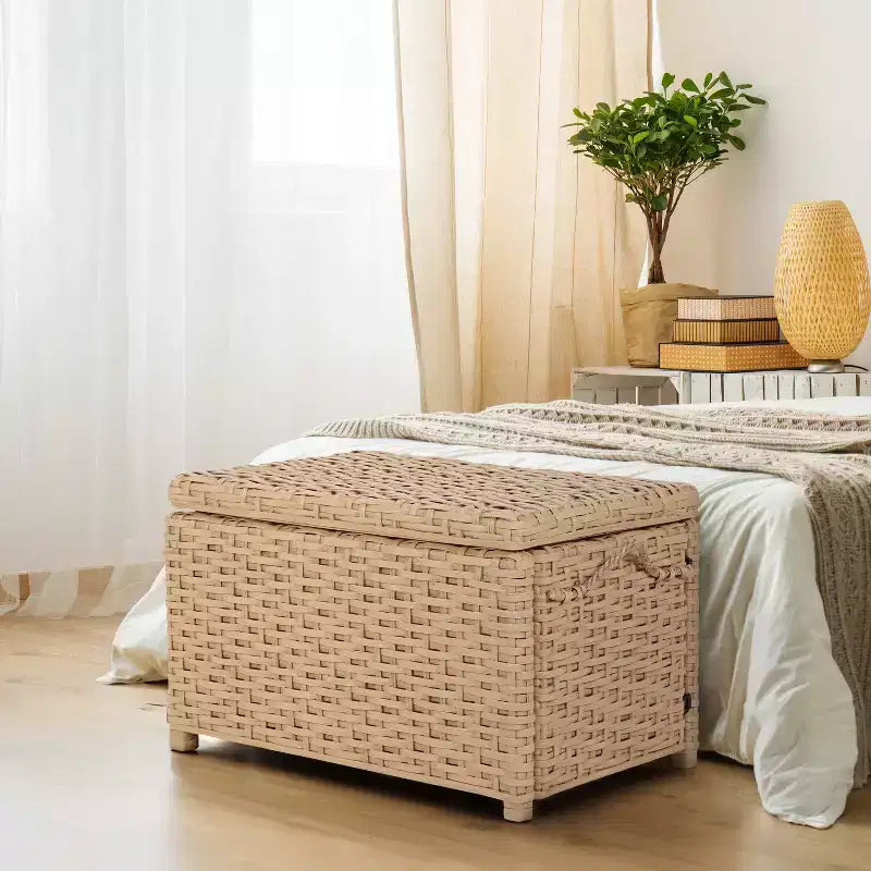 Caja de almacenamiento de mimbre tejida a mano con tapa, baúl de ratán, cesta organizadora decorativa para el hogar